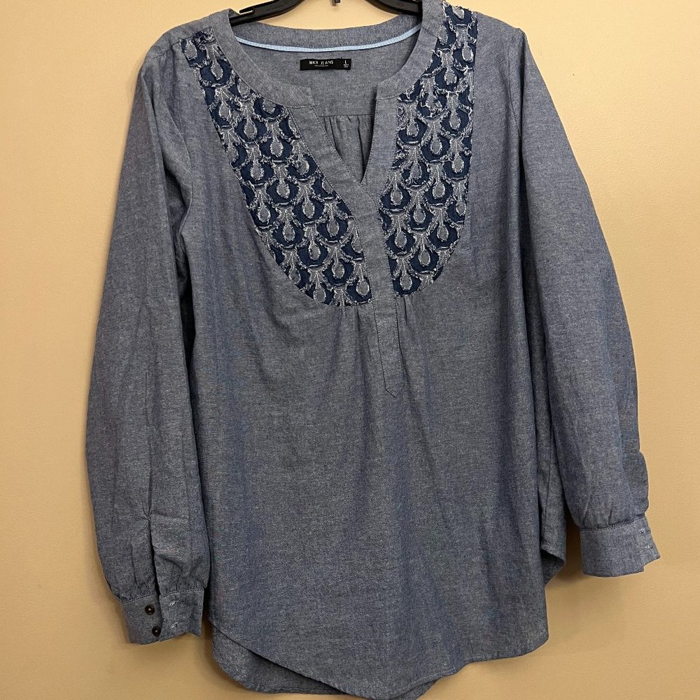 Max Jeans Women's Chambray Denim Linen Blend Pullover Top Size L